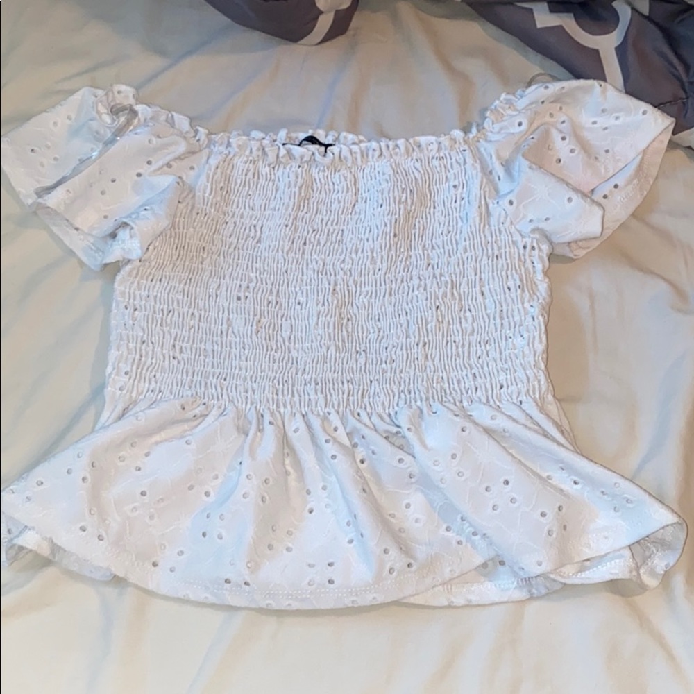 off the shoulder smocked peplum shirt